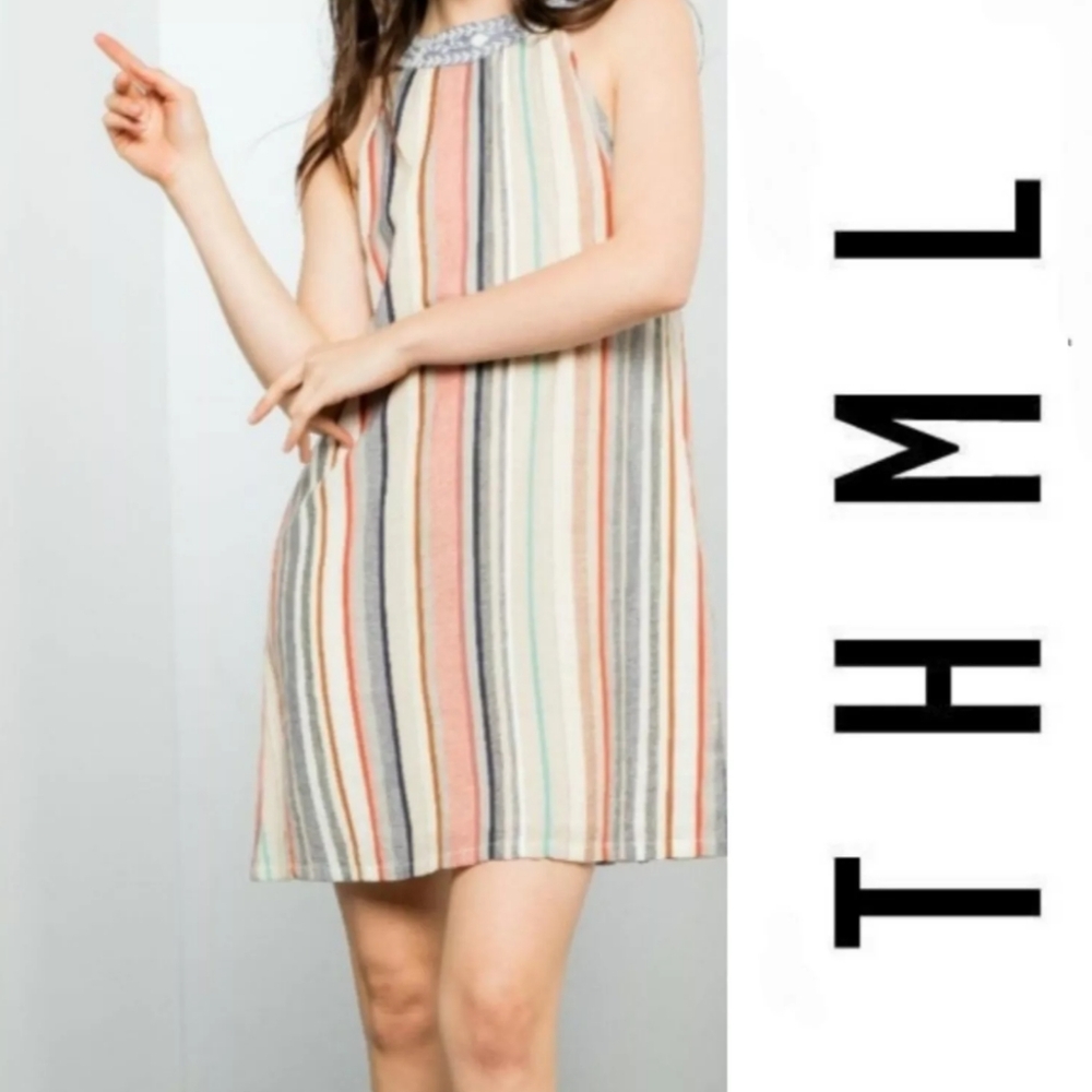 THML Sleeveless Striped Halter Mini Dress Summer Cotton Women's Size XS